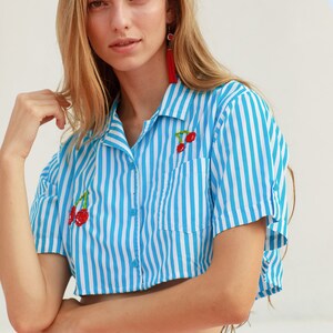 80s Blue Striped Cherry Hand Embroidered Crop Top Vintage Reworked Blouse image 3