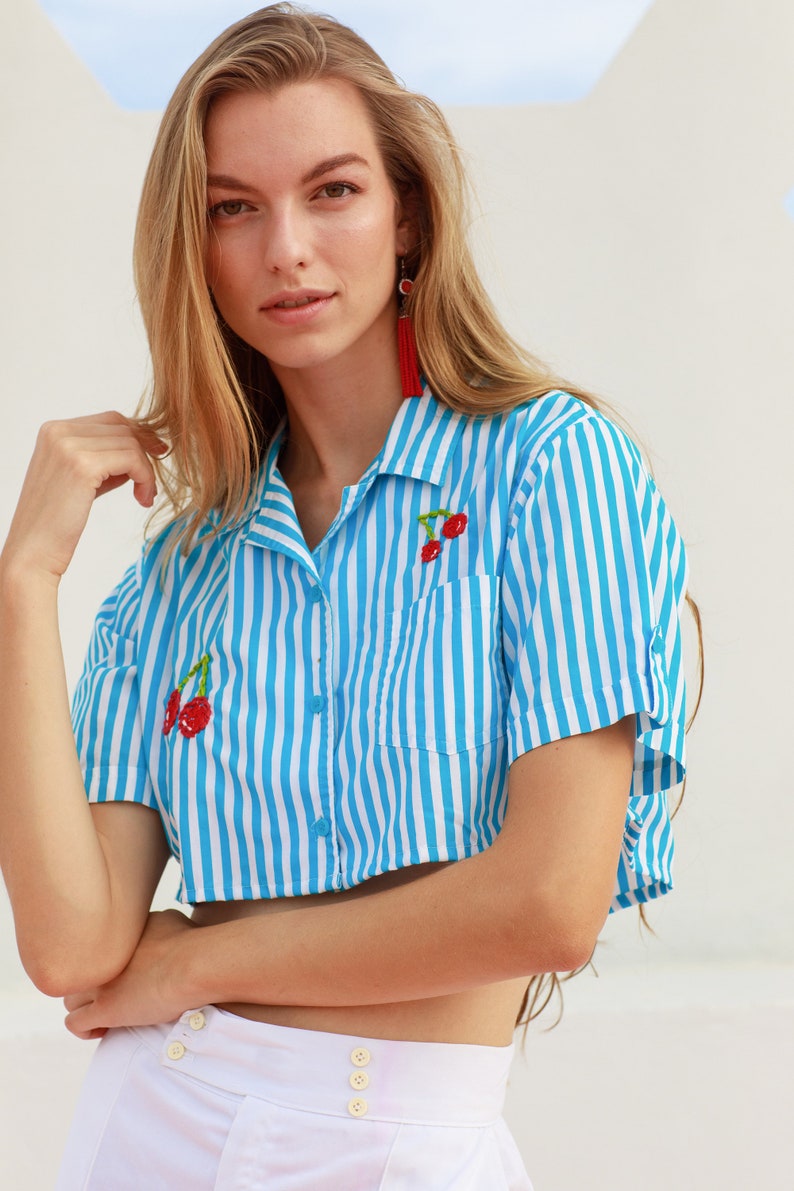 80s Blue Striped Cherry Hand Embroidered Crop Top Vintage Reworked Blouse image 3