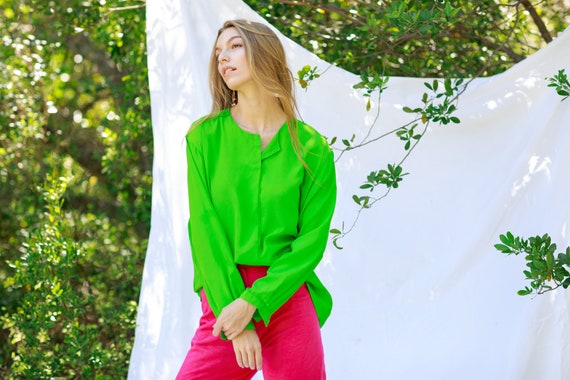 80s Bright Green Long Sleeve Top Vintage Colorful… - image 8