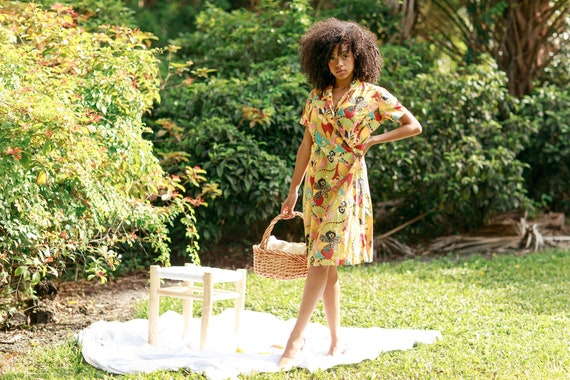 50s Yellow Orange Multi Color Pattern A Line Dres… - image 1