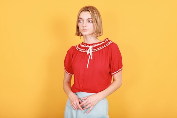 60s Dark Red White Crochet Blouse Vintage Puff Sleeve Peasant Top