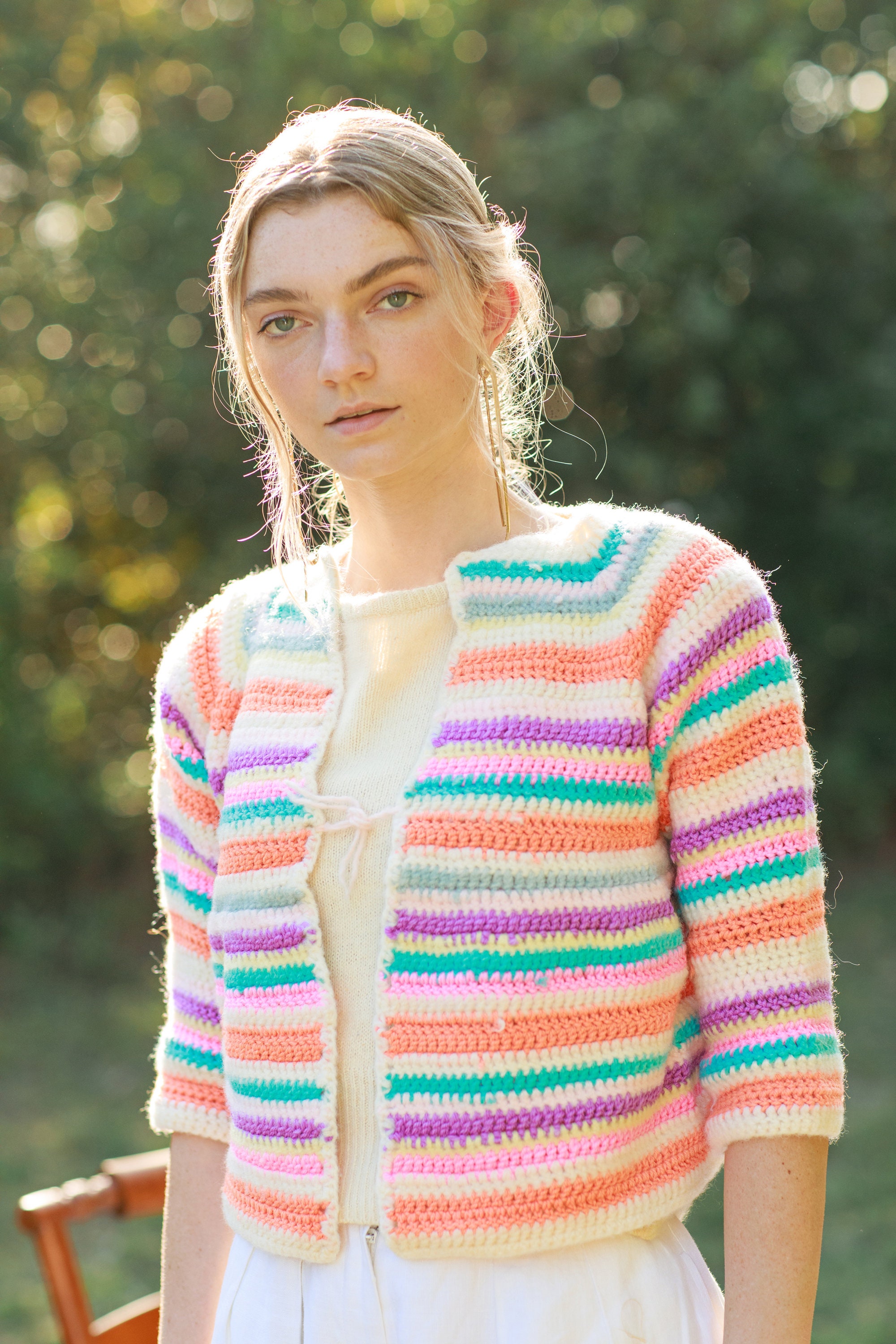 50s Rainbow Pastel Striped Cardigan Vintage Crochet Hand Knit