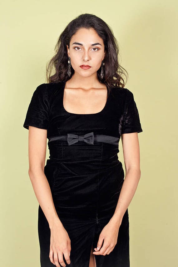80s Black Velvet Dress Vintage Long Bow Slit Formal D… Gem