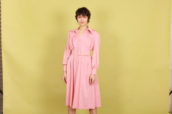 70s Rose Pink Aline Flared Dress Vintage Belted L… - image 5