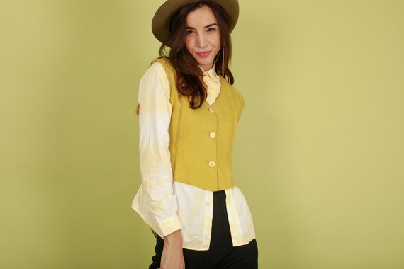 70s Mustard Yellow Linen Vest Vintage Cropped Sle… - image 5