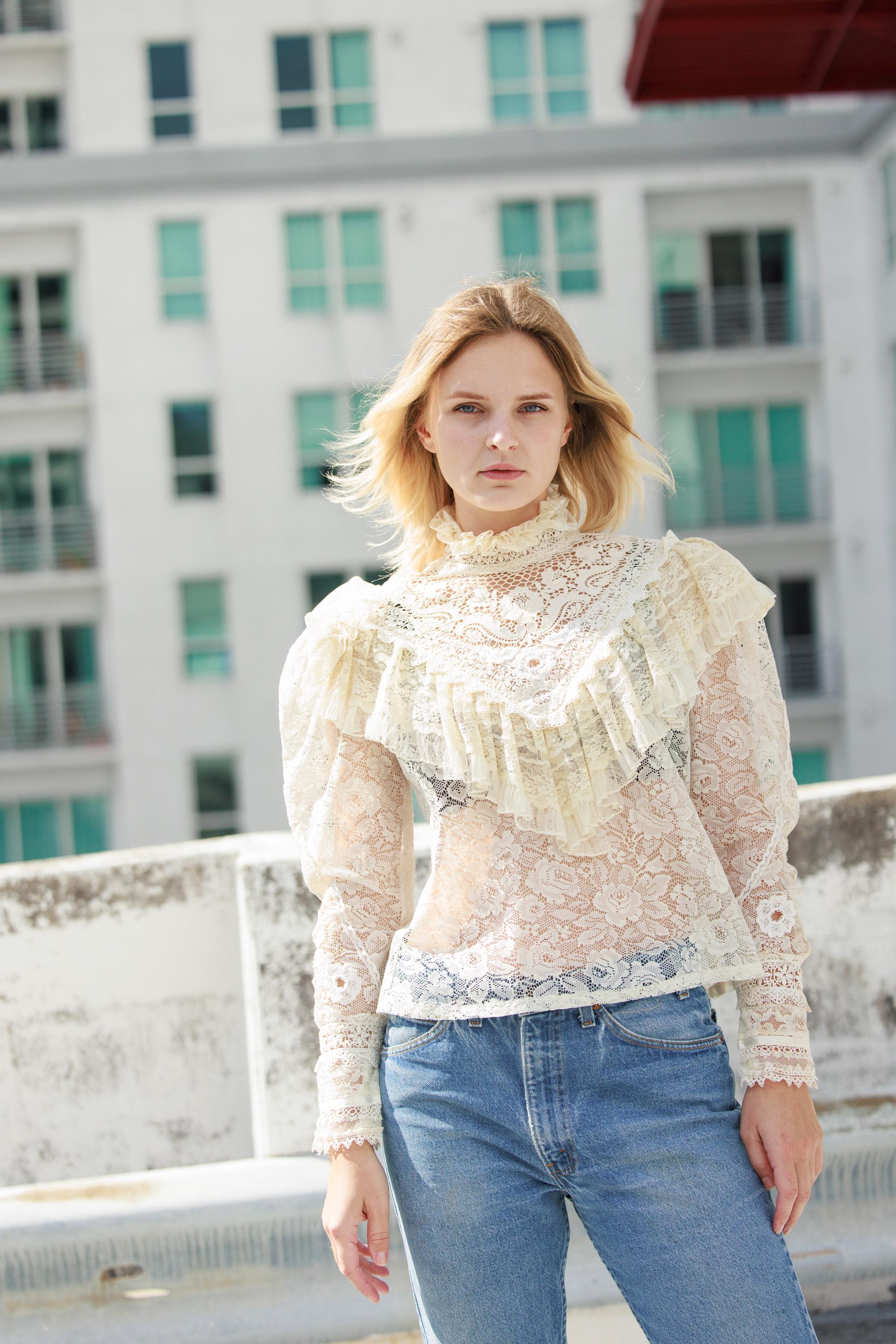 70s Light Beige Lace Victorian High Collar Blouse Vintage