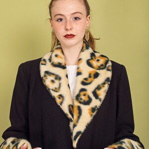 60s Black Leopard Collar Faux Fur Coat Vintage Elegant Knit Winter Jacket image 4