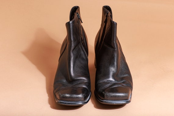 90s Black Leather Square Toe Short Boots Vintage … - image 3