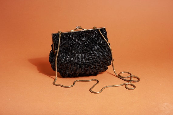 70s Black Evening Beaded Clutch Coin Purse Vintag… - image 1