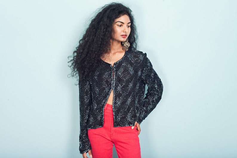 80s Vintage Jacket Black Beaded Designer Blouse