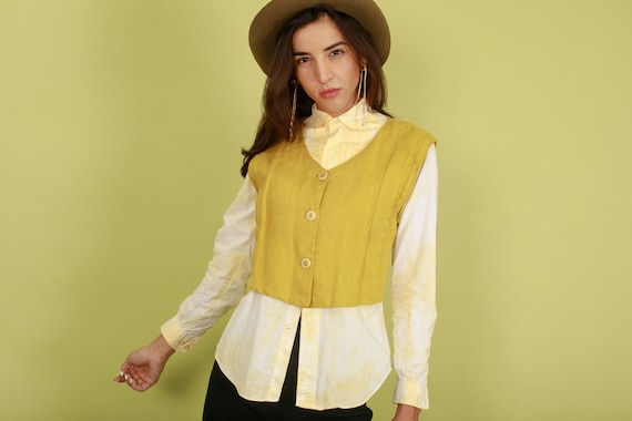 70s Mustard Yellow Linen Vest Vintage Cropped Sle… - image 1