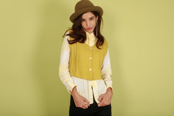 70s Mustard Yellow Linen Vest Vintage Cropped Sle… - image 7