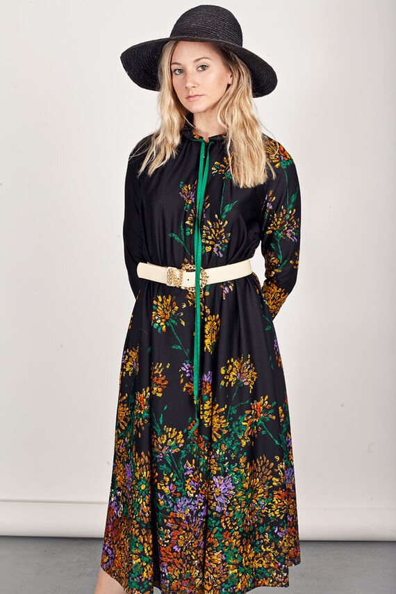 Vintage Floral Maxi Dress: 50s Black Yellow Loung… - image 4