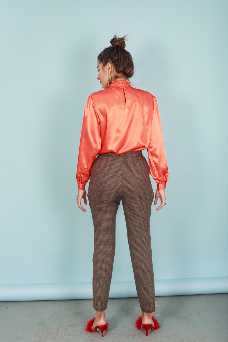 80s Dark Brown Plaid Soft Trousers Vintage Belted High Waisted Pants