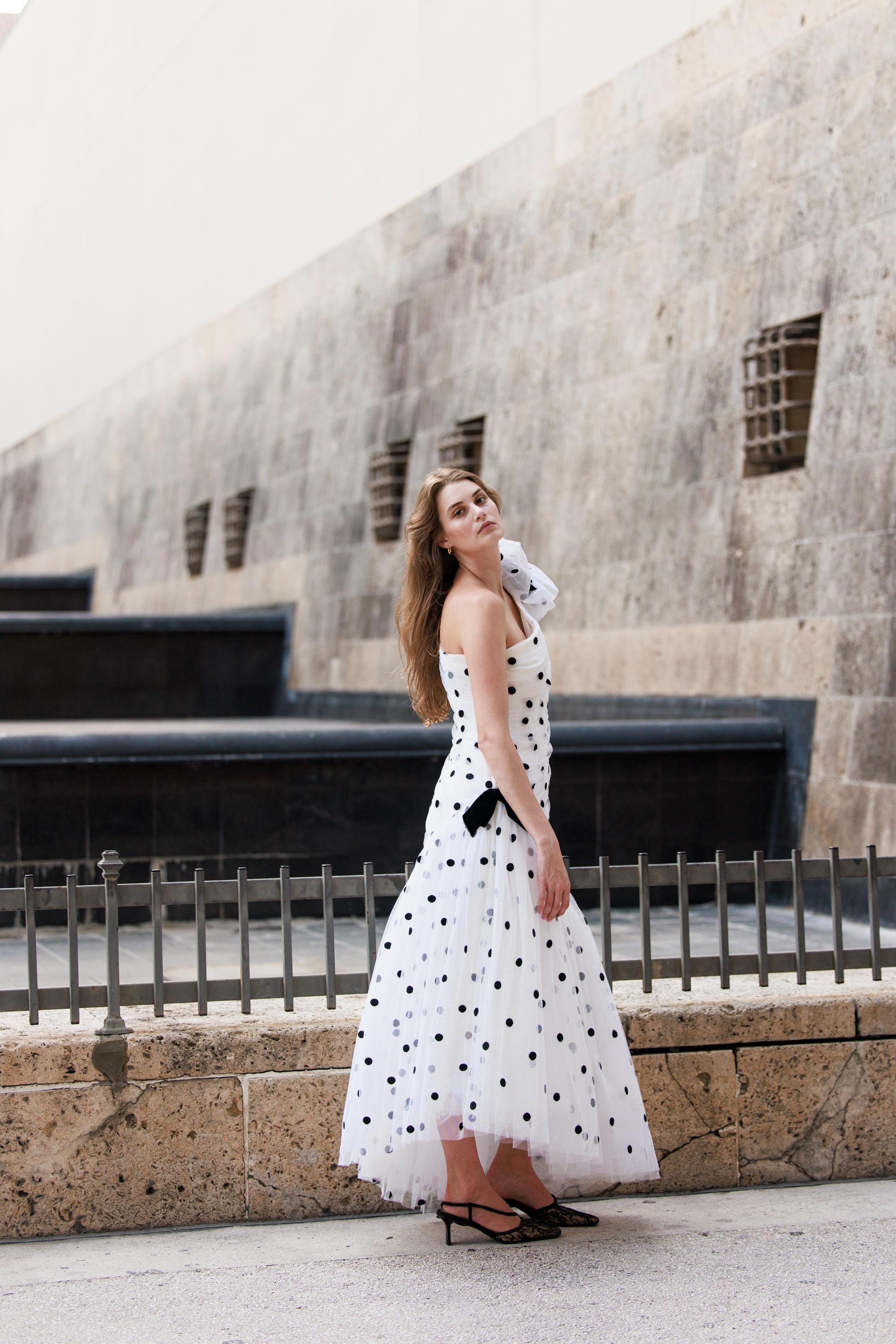 80s Vintage Victor Costa Gown: Polka Dot Tulle One-Shoulder Party Dress 80s Vintage Victor Costa Gown: Polka Dot Tulle One-Shoulder Party Dress
