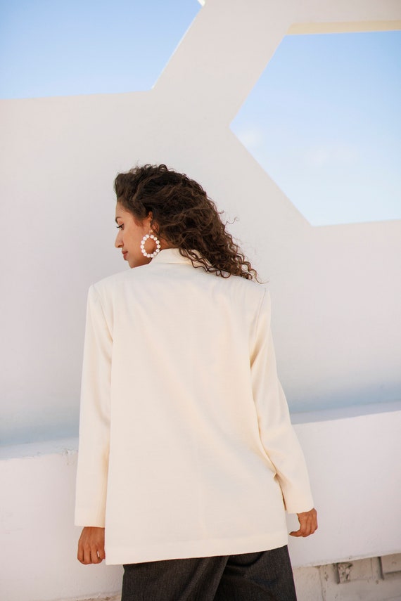 80s Light Cream Textured Blazer Vintage Classic Long Sleeve