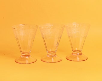 Set of 3 50s Pink Pastel Clear Glass Vintage Etched Adorned Cocktail Glasses
