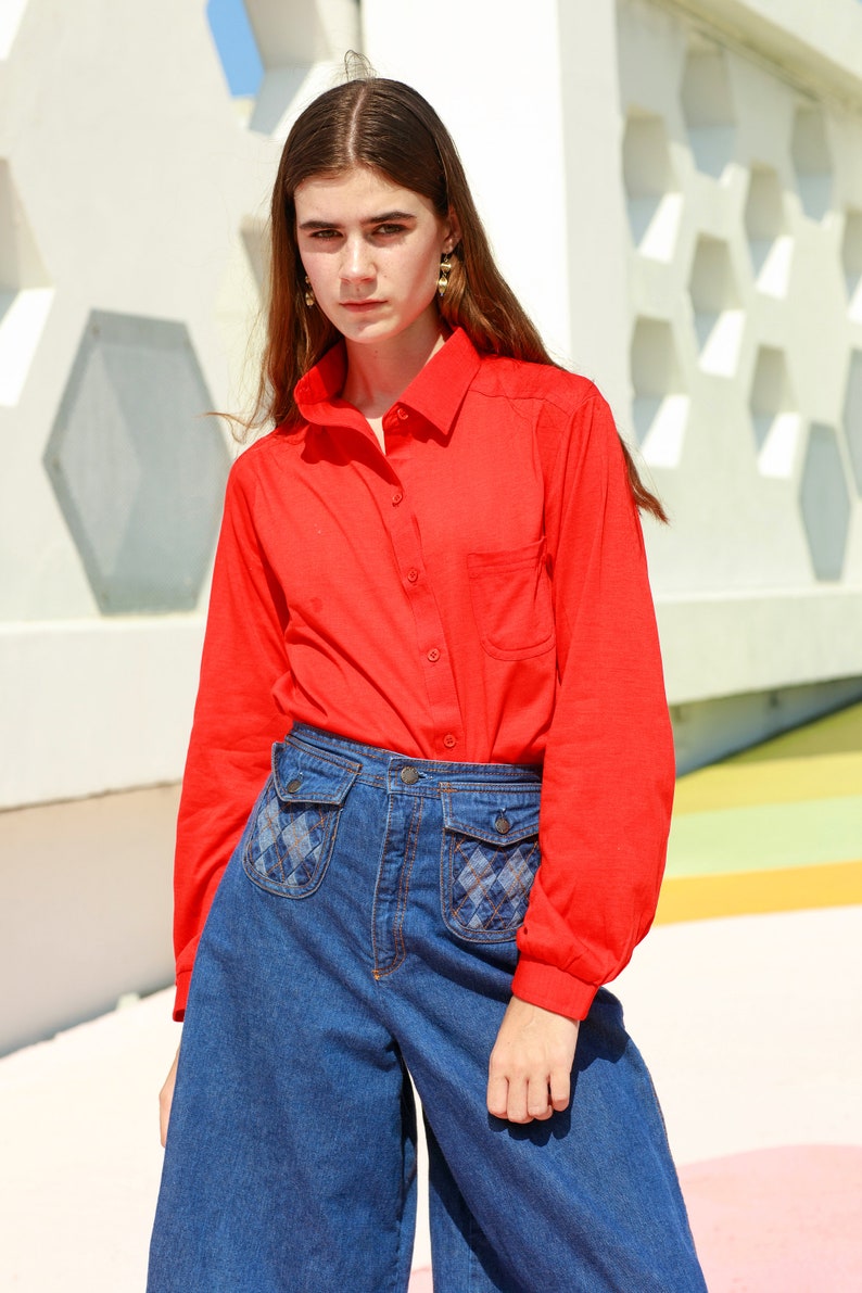 60s Red Pointy Collar Deadstock Blouse Vintage Long Sleeve Minimal Blouse image 2