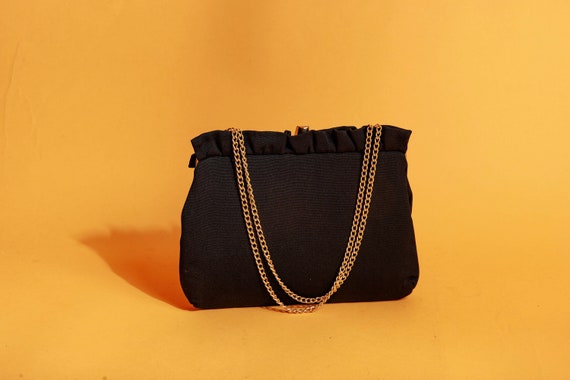 50s Black Fabric Gold Chain Purse Vintage Metal E… - image 1