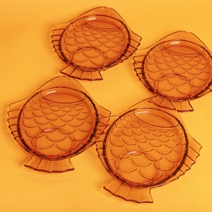 Set of 4 80s Amber Fish Clear Glass Plates Vintage Novelty Matching Small Plates image 1