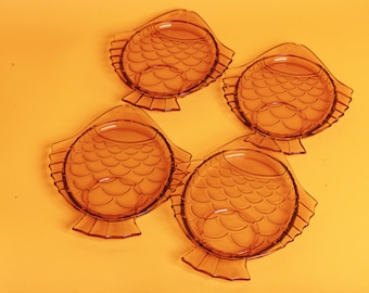 Set of 4 80s Amber Fish Clear Glass Plates Vintage Novelty Matching Small Plates