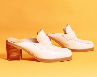 80s White Leather Block Heel Mules Vintage Loafer Slip on Chunky Heel Shoes