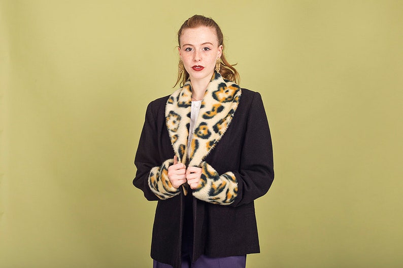 60s Black Leopard Collar Faux Fur Coat Vintage Elegant Knit Winter Jacket image 3