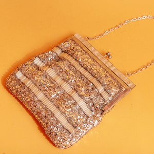 60s Silver Sequin Chain Strappy Purse Vintage Beaded Embellished Art Deco Coin Purse Clutch image 7