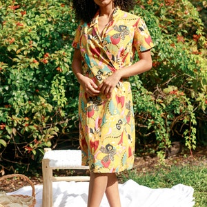 50s Yellow Orange Multi Color Pattern A Line Dress Vintage Silk Printed Wrap Dress image 4