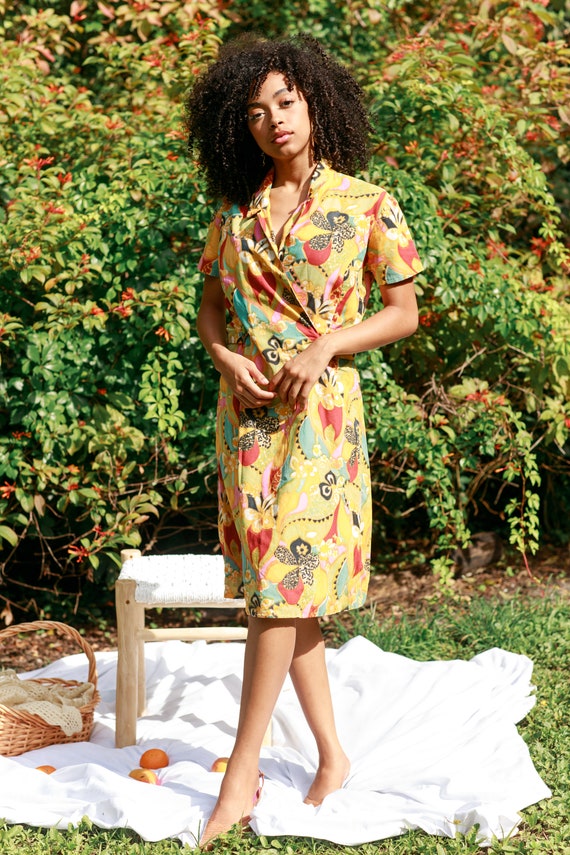 50s Yellow Orange Multi Color Pattern A Line Dres… - image 4