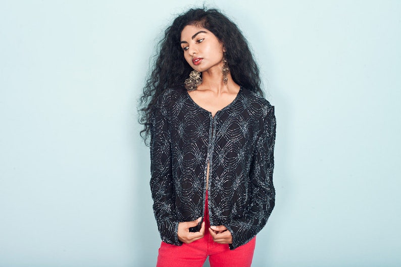 80s Vintage Jacket Black Beaded Designer Blouse