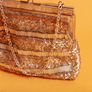 60s Silver Sequin Chain Strappy Purse Vintage Beaded Embellished Art Deco Coin Purse Clutch image 5