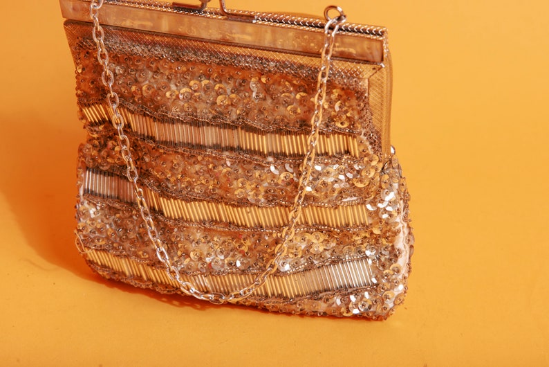 60s Silver Sequin Chain Strappy Purse Vintage Beaded Embellished Art Deco Coin Purse Clutch image 5