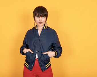 80s Navy Blue Long Sleeve Bomber Jacket Vintage Yellow 80s Navy Blue Long Sleeve Bomber Jacket Vintage Yellow