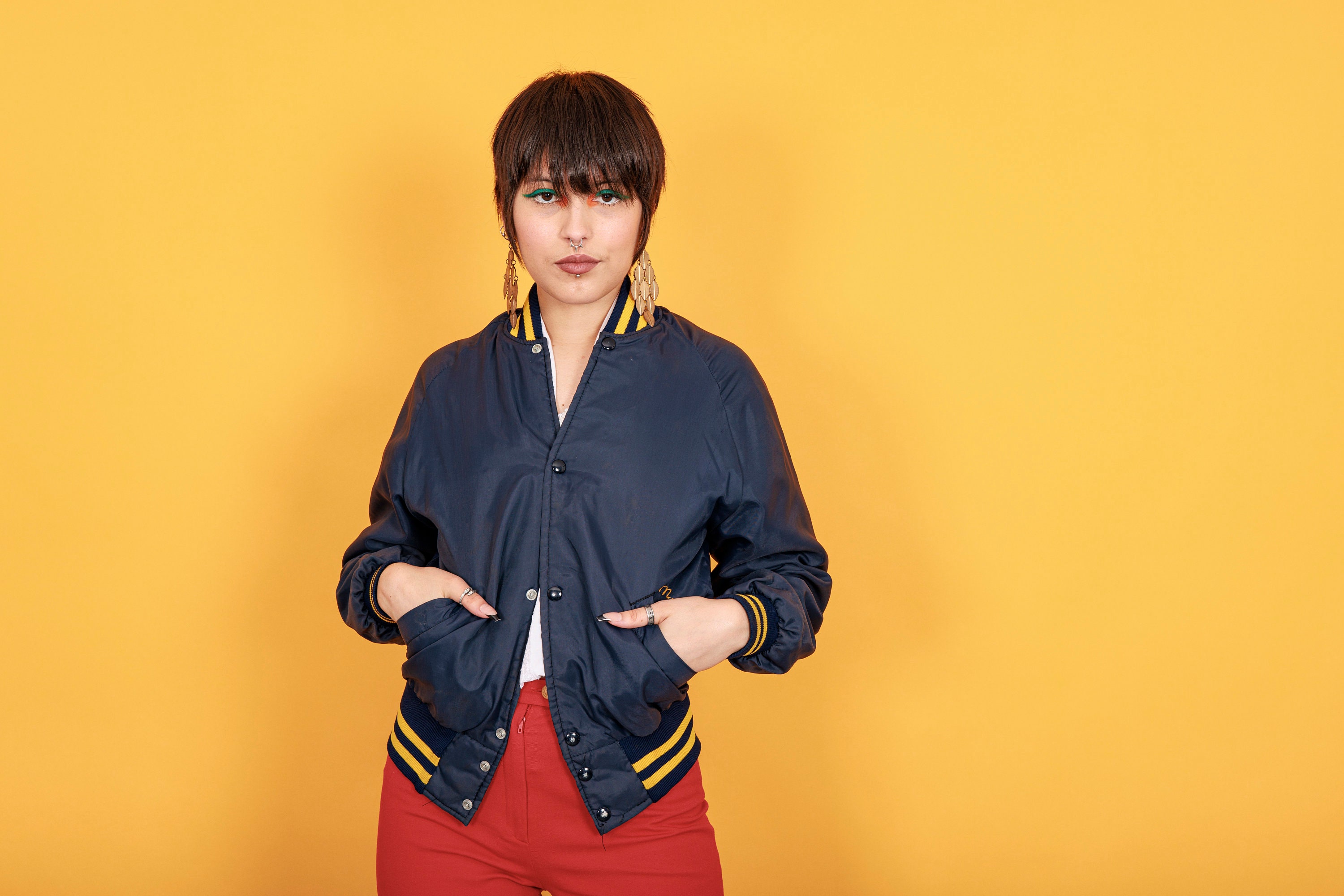 80s Navy Blue Long Sleeve Bomber Jacket Vintage Yellow