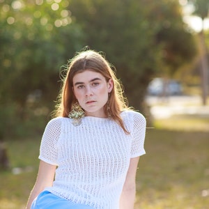 70s White Crochet Round Collar Top Vintage Short Sleeve Crocheted Knit Blouse image 4