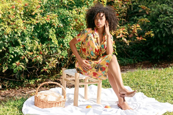 50s Yellow Orange Multi Color Pattern A Line Dres… - image 9