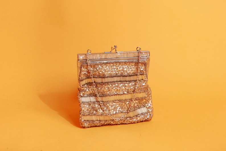 60s Silver Sequin Chain Strappy Purse Vintage Beaded Embellished Art Deco Coin Purse Clutch image 1