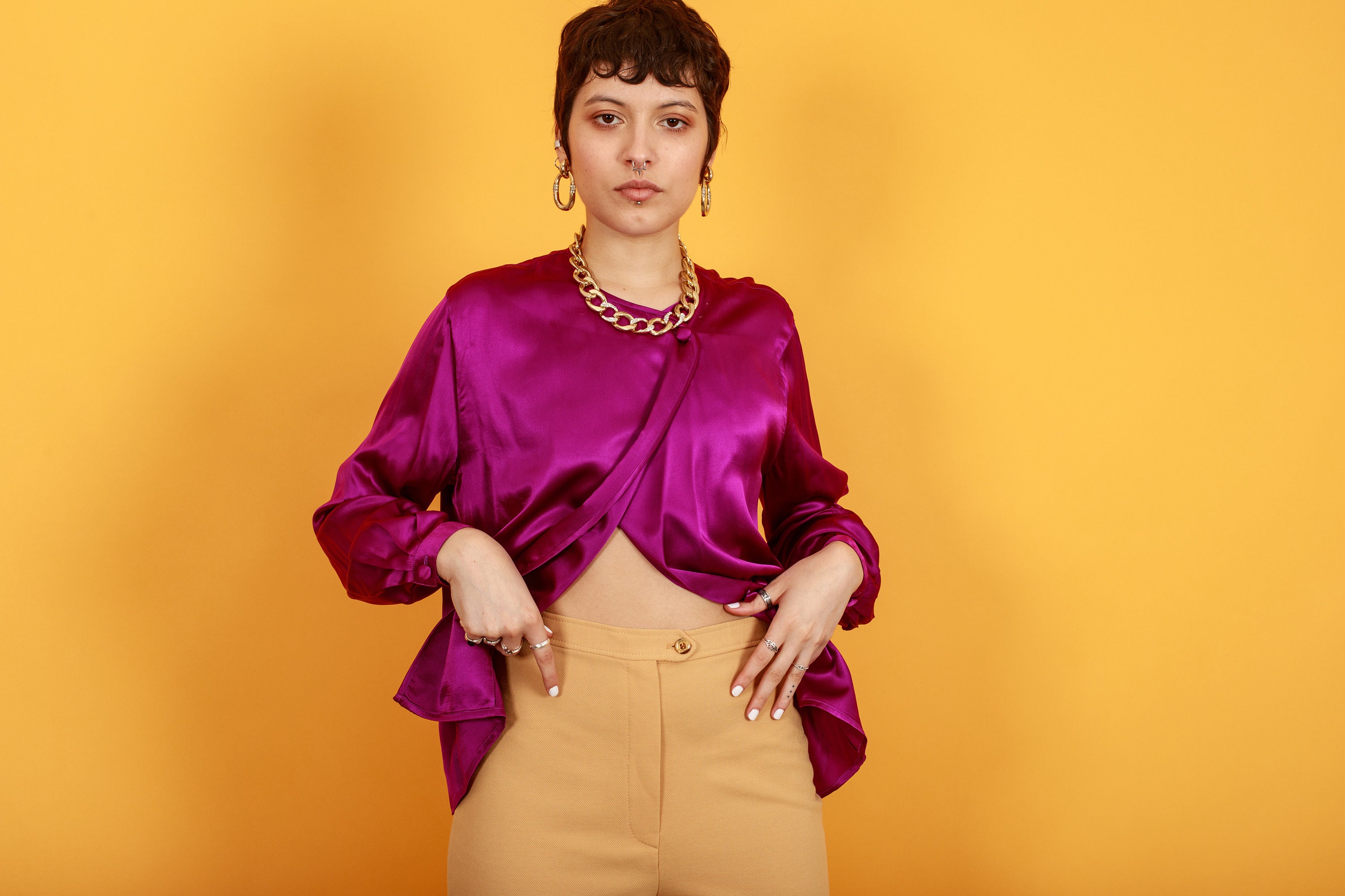 80s Purple Jewel Tone Silk Blouse Vintage Long Sleeve