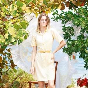 50s Light Yellow Striped Shirt Dress Vintage Short Sleeve Cotton Dress image 1