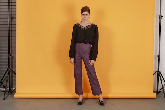 80s Purple Knit Textured Trousers Vintage Stretch Knitted Pants