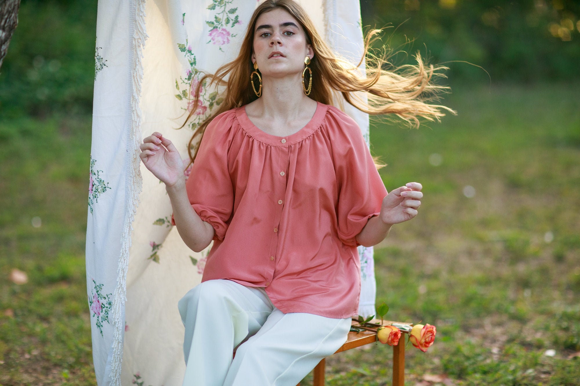 70s Rose Pink Shiny Tunic Blouse Vintage Oversize Boho Mid