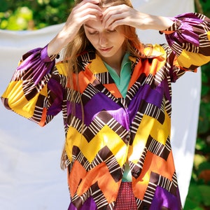 60s Colorful Purple Yellow Mod Print Robe Vintage Psychedelic Long Jacket Dress image 6