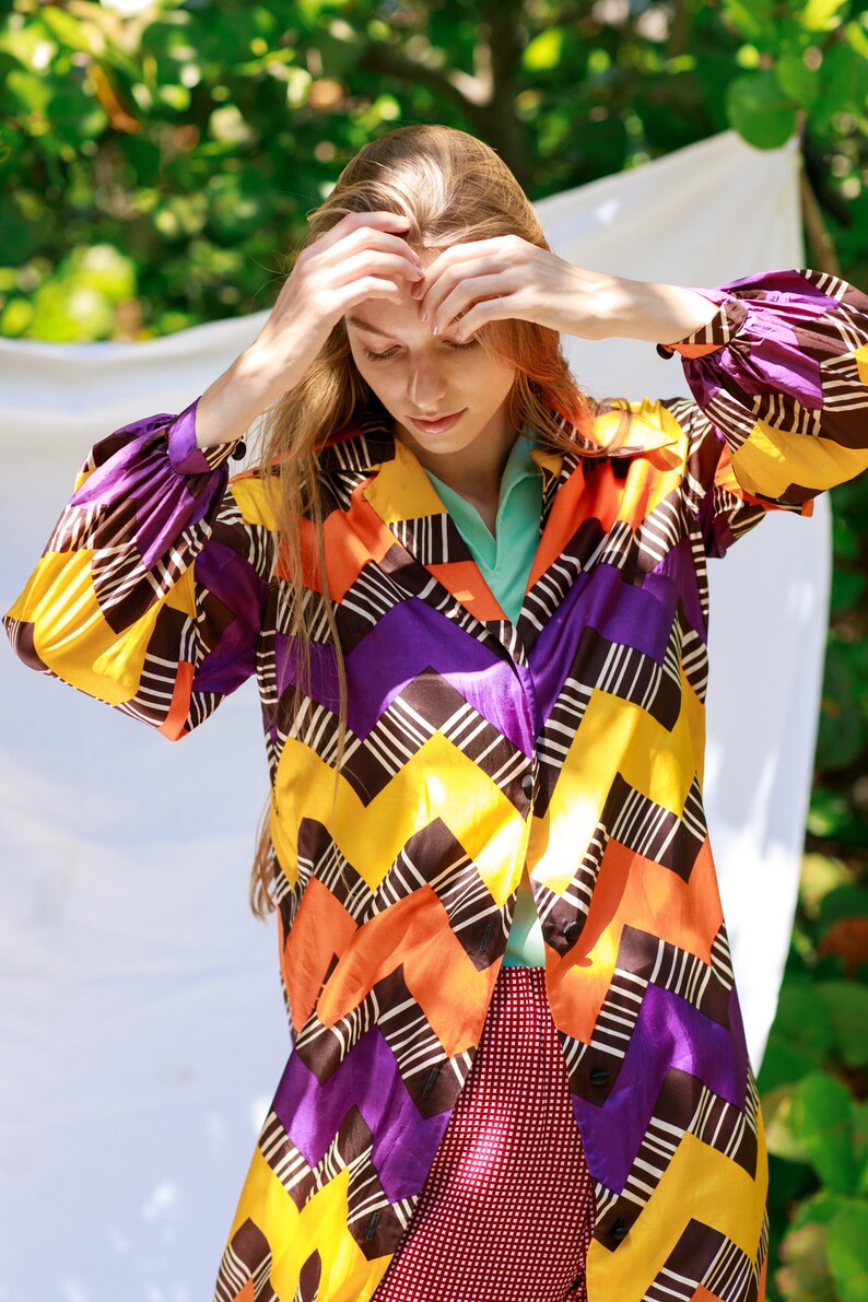 60s Colorful Purple Yellow Mod Print Robe Vintage Psychedelic Long Jacket Dress image 6