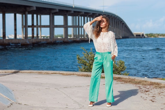 2000s Blue Green Teal Wide Legged Trousers Vintage Pleat High Rise