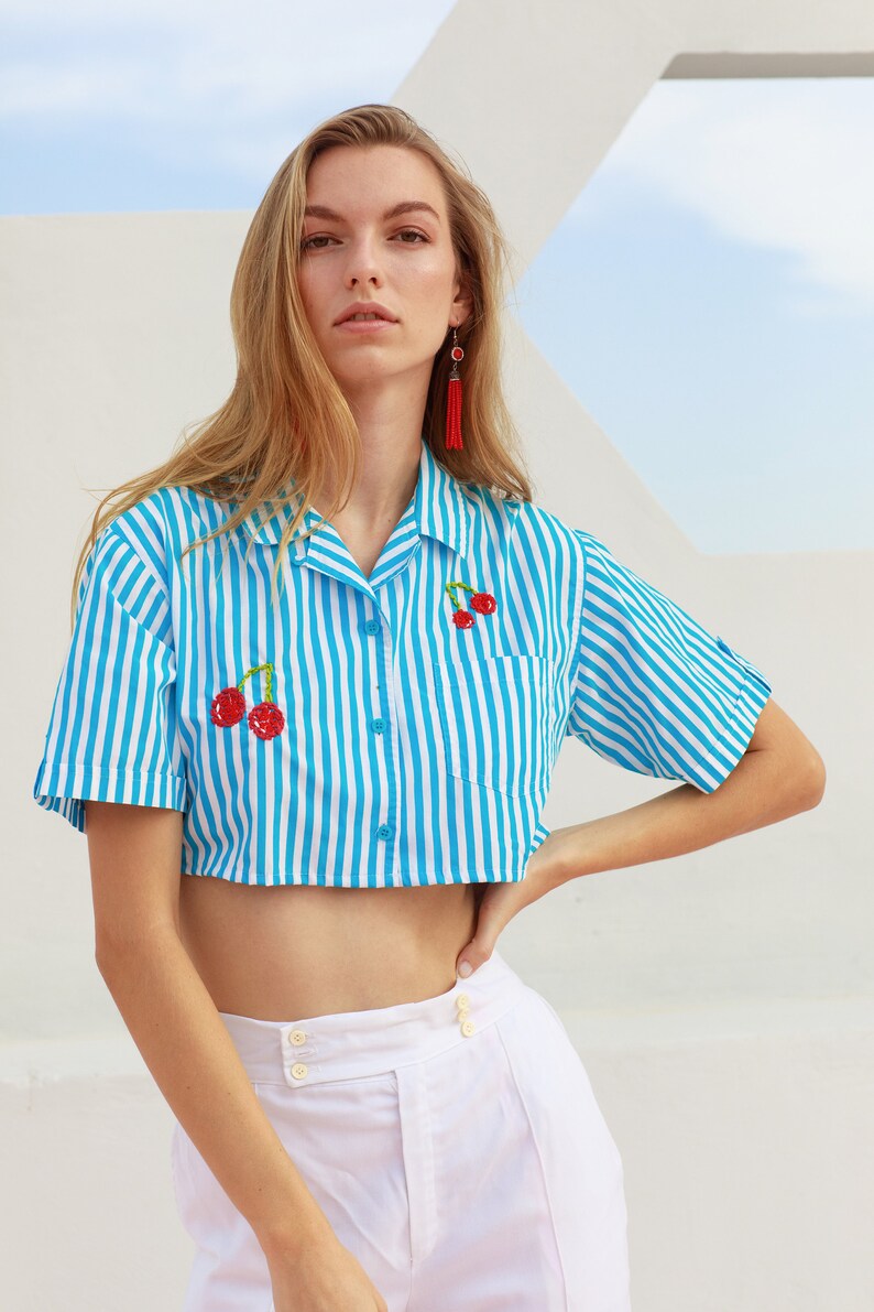 80s Blue Striped Cherry Hand Embroidered Crop Top Vintage Reworked Blouse image 5