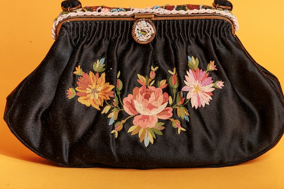 40s Black French Silk Embroidered Colorful Purse … - image 4