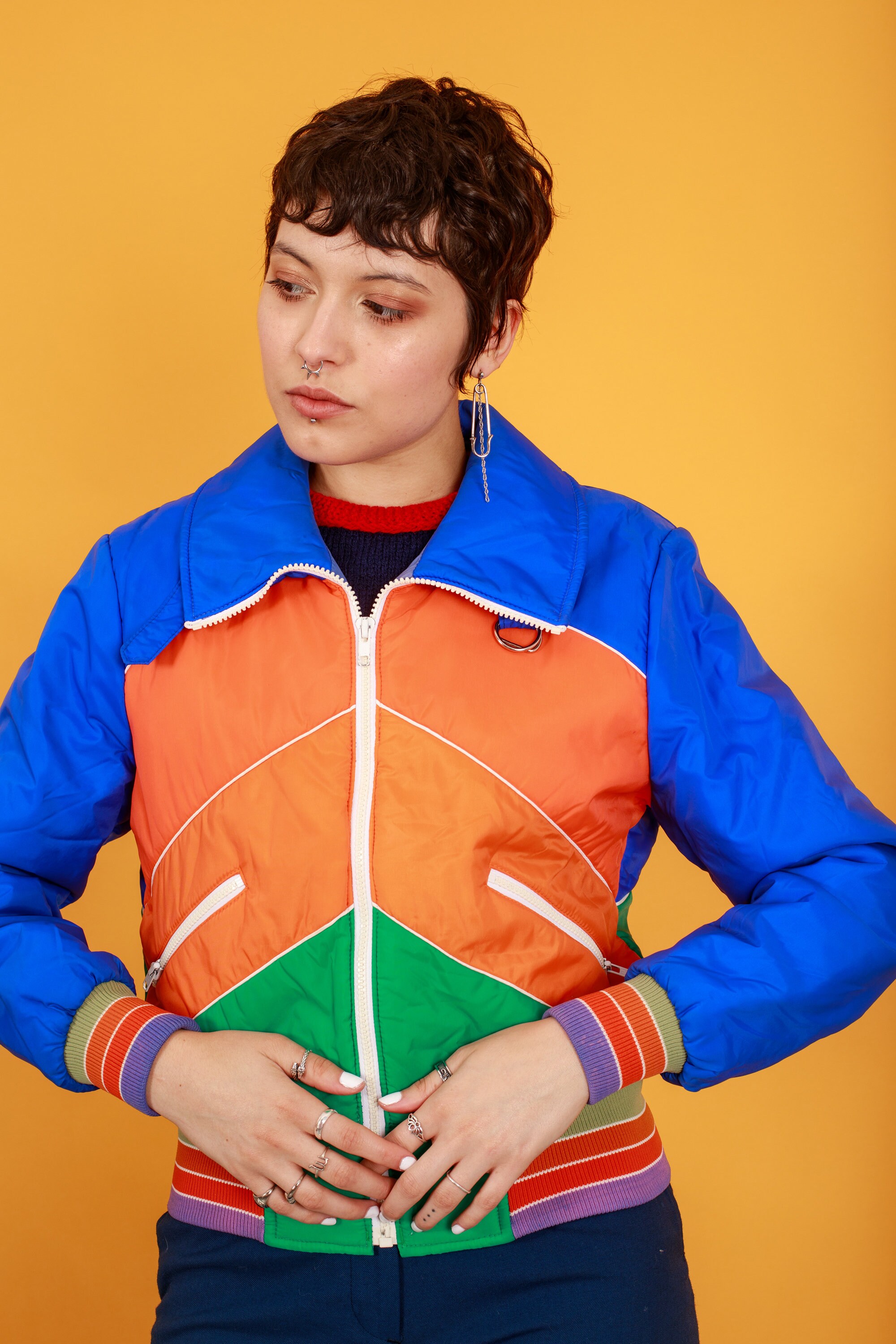 80s Blue Orange Multicolor Ski Jacket Vintage Colorful Puff Retro