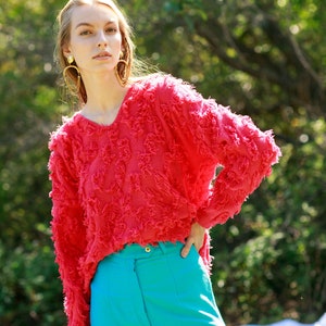 80s Hot Pink Fuzzy Long Sleeve Sweater Vintage Oversize Cotton Top image 8