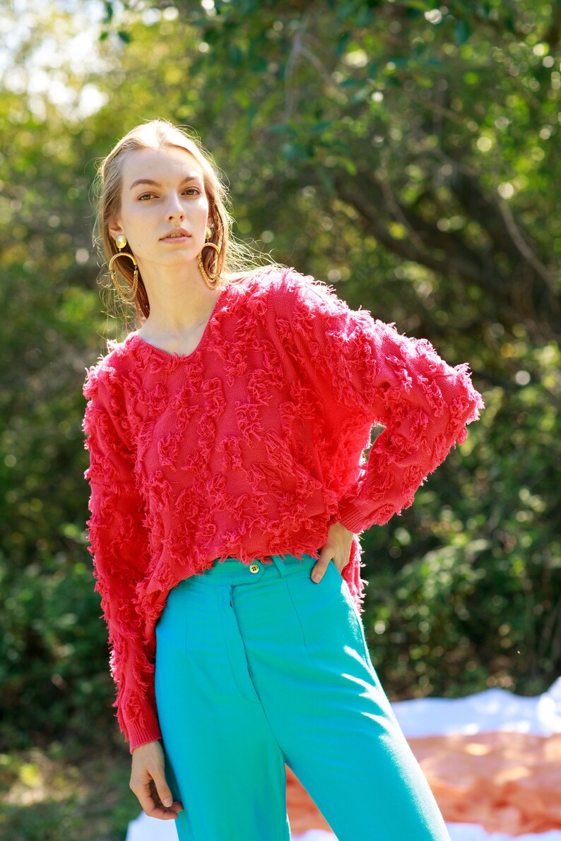 80s Hot Pink Fuzzy Long Sleeve Sweater Vintage Oversize Cotton Top image 8